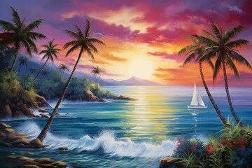 Fototapeta na wymiar Tropical seascape featuring yacht amidst palm trees. Generative AI