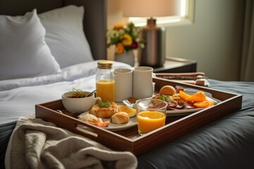 Fototapeta na wymiar room service breakfast tray on a comfortable bed