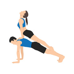 Obraz na płótnie Canvas Young couple practicing yoga together, upward facing dog on top of plank pose. Flat vector illustration isolated on white background
