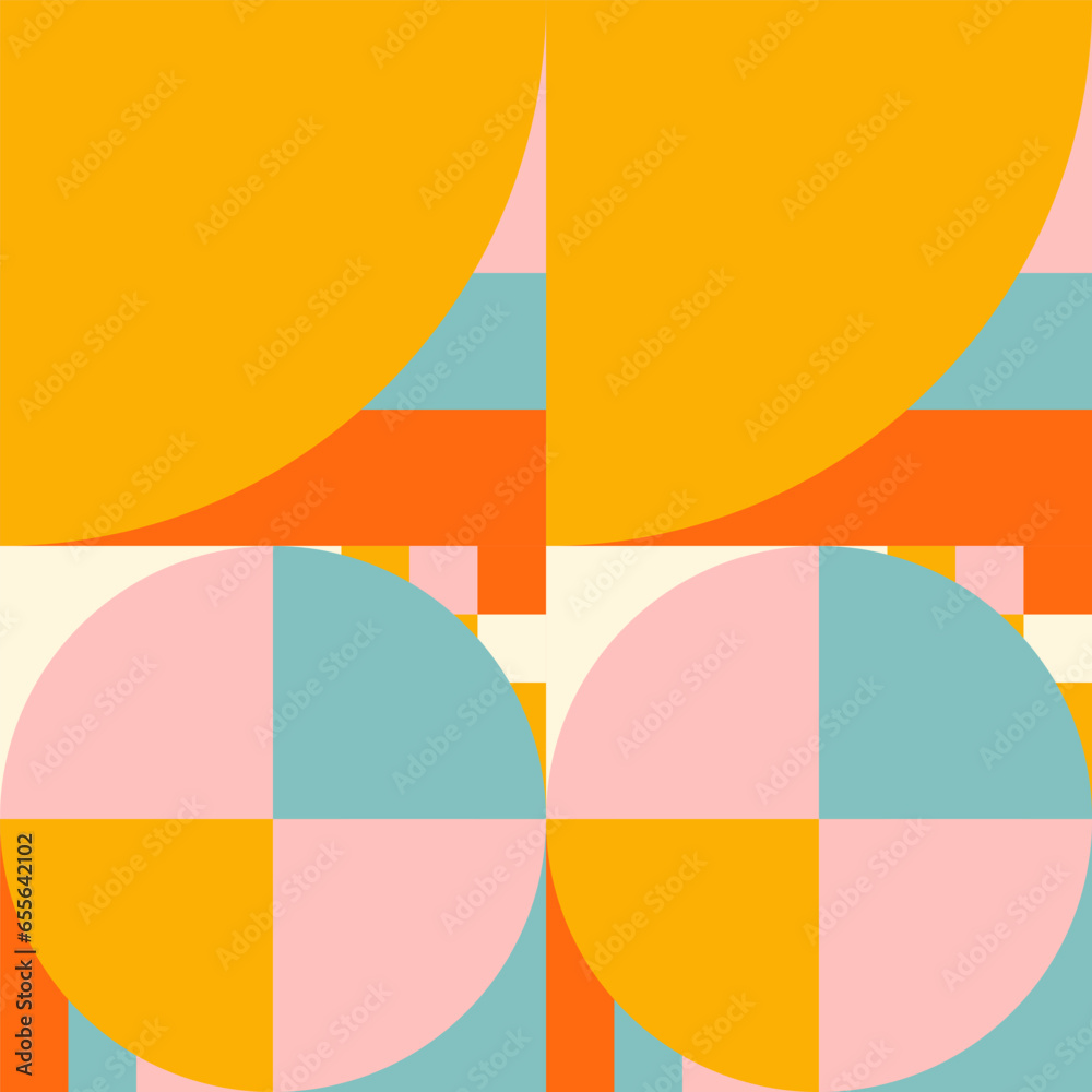 Poster Simple geometric seamless pattern. Modern abstract background with circle, semi circle, square, rectangle stripe shapes in pastel colors.