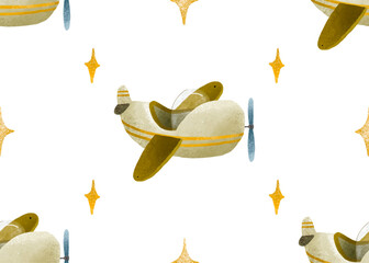 Baby print.Seamless pattern for kids.Airplane, clouds,stars.Aviation. Endless Pattern for boys. Hand-drawn seamless repeating children simple pattern with aircraft and clouds in Scandinavian style
