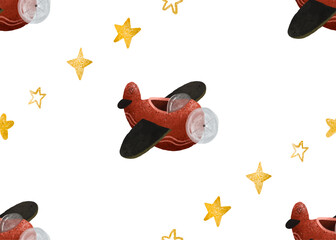 Baby print.Seamless pattern for kids.Airplane, clouds,stars.Aviation. Endless Pattern for boys. Hand-drawn seamless repeating children simple pattern with aircraft and clouds in Scandinavian style