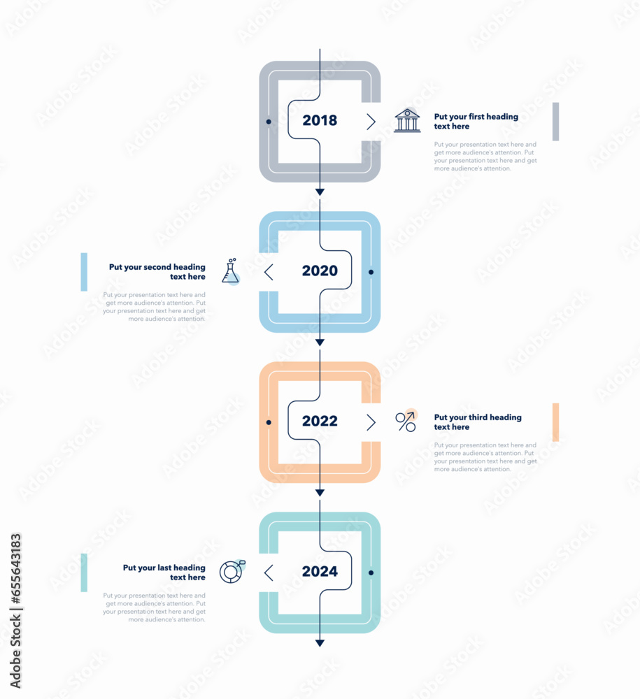 Poster vertical timeline infographic template with four colorful milestones. can be used for your website o