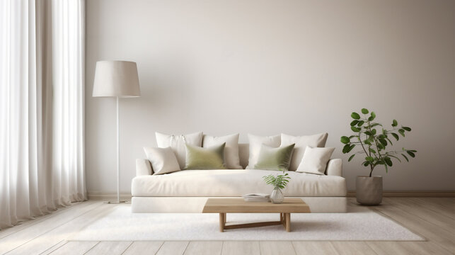 Front view of living room with minimalist decoration in light tones with sofa lamp and table, natural lighting