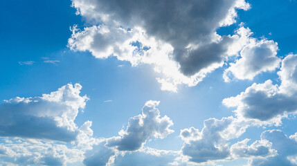 Blue Sky with White Clouds, Sunny Cloudy Sky Texture Background, Fluffy Clouds Pattern, Sunny Cumulus