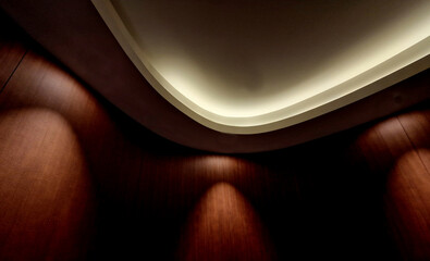 soffit with a cornice illuminated by LED strips in the arch. walls lined with brown wooden plywood....