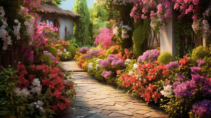 Fototapeta na wymiar stone path with flowers in the garden