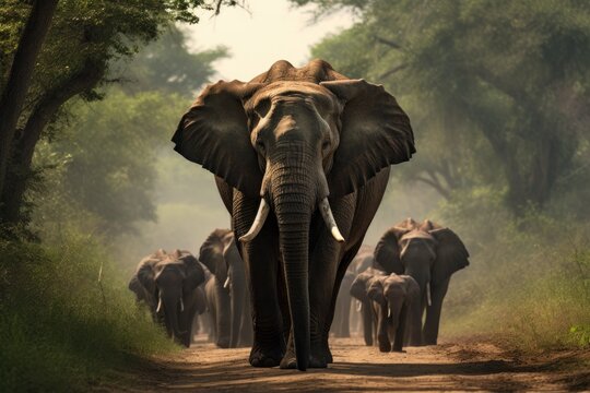 elephant herd behind a matriarch