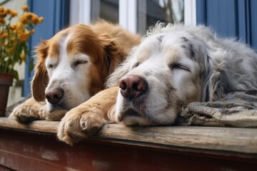 a pair of old dogs sleeping side by side on a porch
