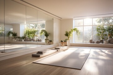 Yoga with mat lying on wood floor in a yoga studio. Generative AI