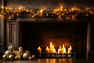Christmas fairy lights over mantelpiece background with empty space for text 