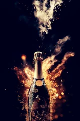 Gordijnen Bottle of champagne with glitter explosion effect © Photocreo Bednarek