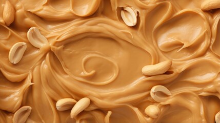 Close up of tasty creamy peanut butter with peanut nuts. Food background with free place for text