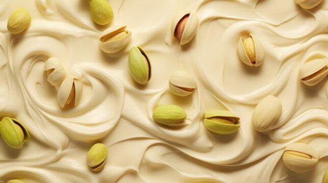 Close up of tasty creamy pistachios butter with pistachios nuts. Food background with free place for text