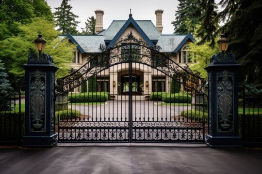 an iron gate closing off a luxury mansion