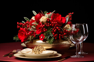 Obraz na płótnie Canvas Elegant Christmas-themed dinner table arrangement isolated on a gradient background 