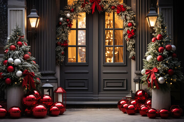 Festive Christmas wreaths adorning front doors background with empty space for text 