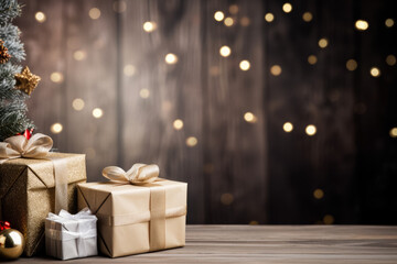 Hand wrapped gifts under Christmas tree background with empty space for text 