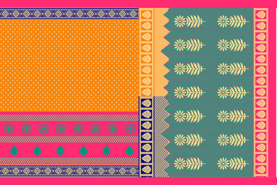 Abstract border pattern geometrical textile printed saree design illustration  in colorful background and digital Flower design..