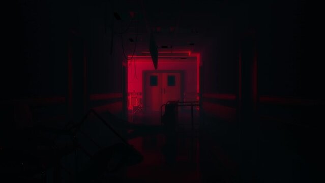 Haunting hallway with disarrayed items in mental ward, flickering dim lights, Halloween terror.