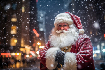 Santa Claus in New York City at Christmas winter night