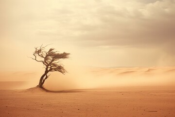 A single tree in the expansive Sahara desert, enduring a fierce sandstorm. Generative AI - obrazy, fototapety, plakaty