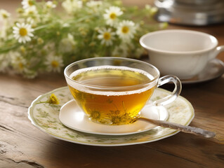glass cup with natural organic herbal tea with chamomile flowers