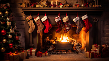 Christmas Tree Presents Gift Santa Socks Cozy Fireplace Decoration Xmas Holiday