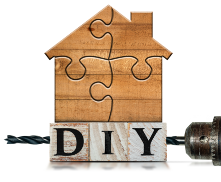 Close-up of DIY text (do it yourself), made of wooden blocks and a wooden house made of puzzle pieces and an electric drill with black tip, isolated on white or transparent background. Png.