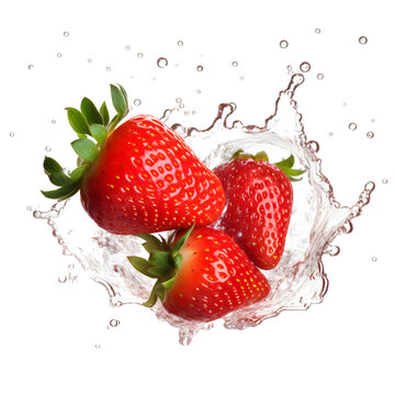 3 strawberries falling into water isolated on transparent background or white background, png