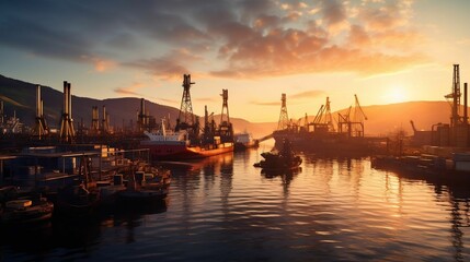Fototapeta na wymiar Sun rises over a bustling industrial harbor scene