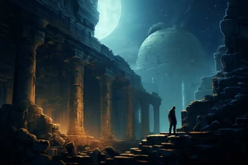 Foto op Canvas A person exploring old ruins, with impressive ancient monuments lighting up the scene. Generative AI © Maxim