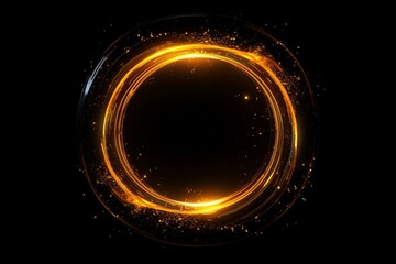 Abstract yellow-orange rotating portal ring with glowing particles on alpha channel and black background. Generative AI