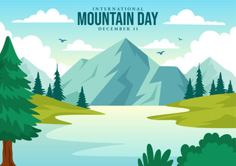 International Mountain Day Vector Illustration on December 11 with Mountains Panorama, Green Valley and Trees in Flat Cartoon Background Design