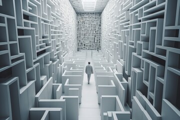 A man navigating a labyrinthine room