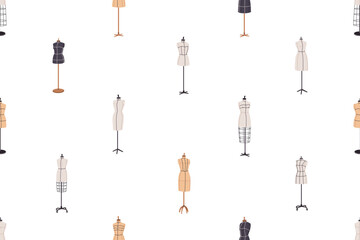 Mannequins, seamless pattern. Manikins, endless background. Fashion dummies, repeating sewing atelier print. Manequins, printable texture design. Repeatable flat vector illustration for textile