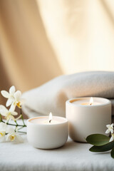 Luxury lighting aromatic scented glass candle display on the grey table in the white bedroom.