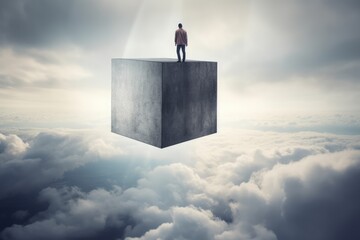 A man standing on top of a concrete block in the clouds
