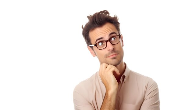 man thinking  , speace for copy and text , banner , commercial post , Close up handsome businessman , poster , modler with spex ,Generative AI