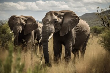 Fototapeta na wymiar Two elephants standing in tall grass