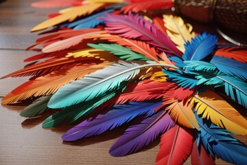 Fototapeta premium colorful feathers background as beautiful abstract wallpaper header. Copy space.