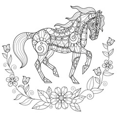 Horse and flower vine hand drawn for adult coloring book