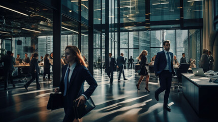 business people walking through office blurred