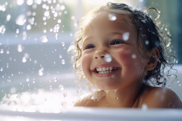 Portrait of happy smiling satisfied kid taking a bath with foam and soap bubbles