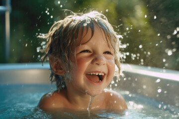 Fototapeta na wymiar Portrait of happy smiling satisfied kid taking a bath with splashing water drops