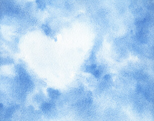 Background with blue sky and white heart-shaped clouds on a clear day. Watercolor hand drawn illustration.