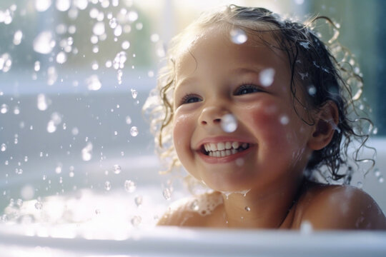 Naklejki Portrait of happy smiling satisfied kid taking a bath with foam and soap bubbles
