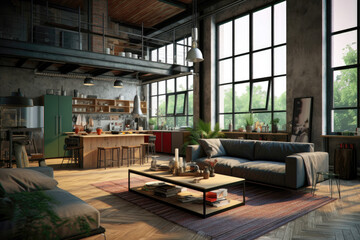 Modern loft room interior with big windows