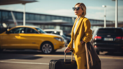 elegant business woman with luggage waiting for a taxi at the airport - business trip concept - obrazy, fototapety, plakaty