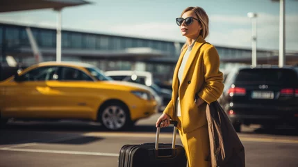 Foto op Plexiglas elegant business woman with luggage waiting for a taxi at the airport - business trip concept © juancajuarez